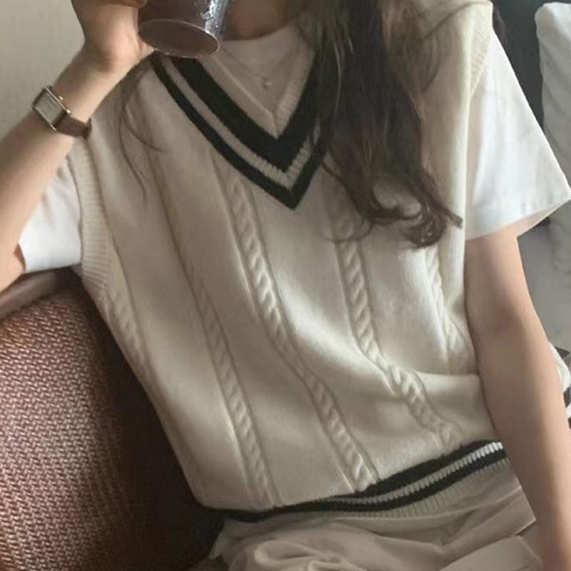 Women Patchwork V-neck Knit Sweater Vest Sleeveless Rib Preppy Style Pullover Sweater Vest For Women 2024 Autumn Winter