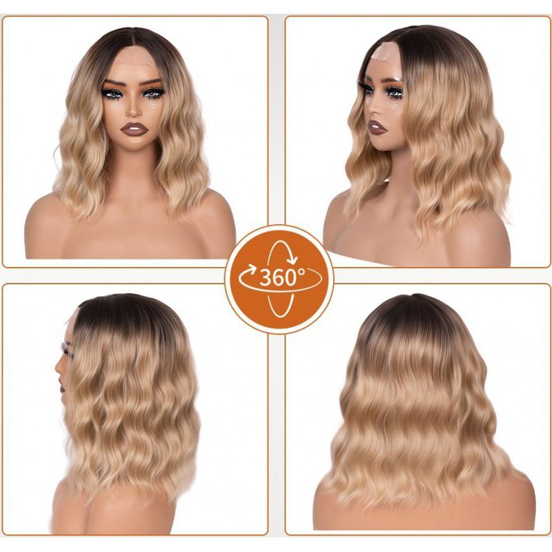 Womens Short Curly Wig 4x1 Small T Part Lace Middle Water Wave Synthetic