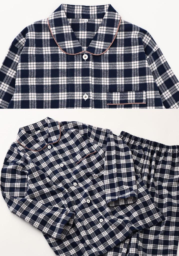 Kaituck Family Women's Flannel Shirt Pajamas, Long Sleeve, Check Pattern, Spring/Autumn (Size L, Navy)