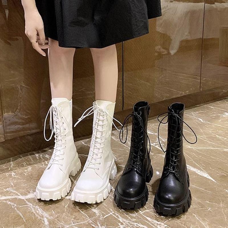 Petite Women's White High-Top Martin Boots, Thick-Soled British Style Mid-Calf Shoes for Spring and Autumn 2025.