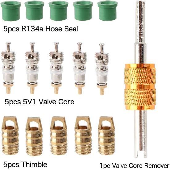 R410A Adapter For Mini Split System, Charging Vacuum Port Adapter, 5/16 Female 1/4 Male Flare, Valve Core Remover, R134A Hose Gaskets, 5V1 Valve