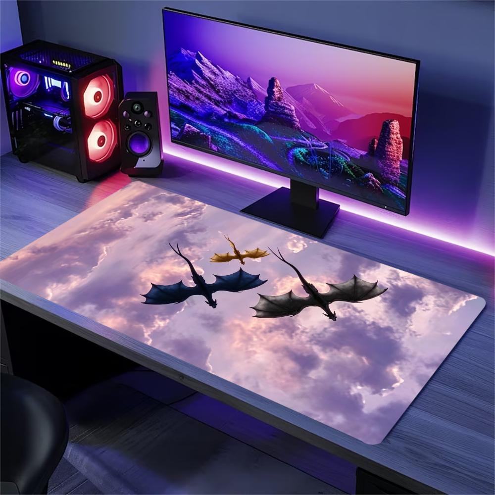 Dragon Silhouette Large Extended Gaming Mouse Pad Non Slip Desk Surface Fantasy Sunset Cloud Print For Gaming And Office