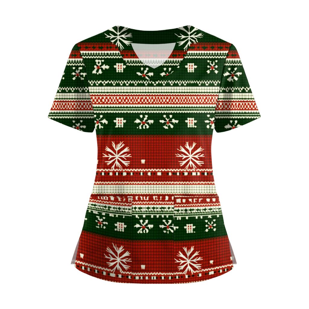 Women's Short Sleeved Christmas Printed V-neck Buttonable Side Slit Top T-shirt