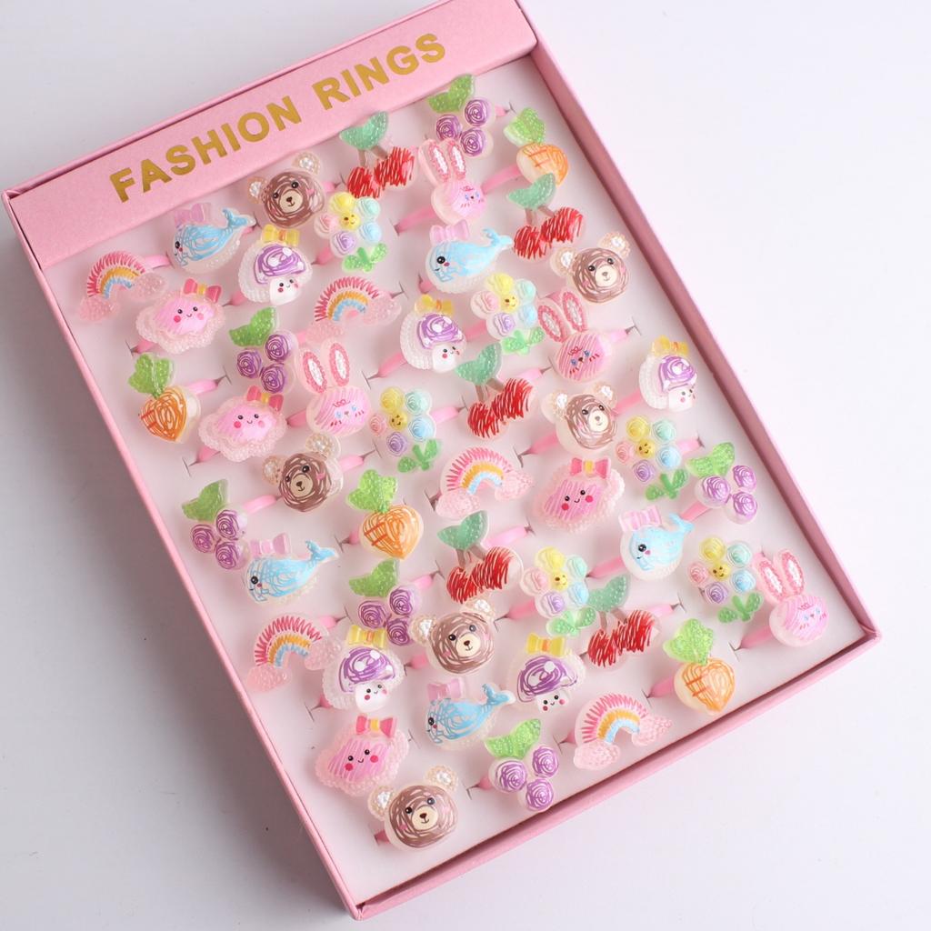 50Pcs Cartoon resin children's ring - Sweet flower ring - Gift box set finger ring - Party gift
