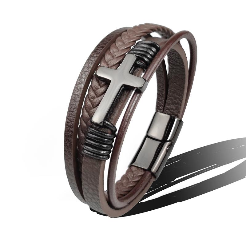 Charm Stainless Steel Leather Cross  Brown/black Bracelet Men Hiphop Jewelry Magnetic Clasp Mutilayer Male Cuff Wrap Bangle Gift