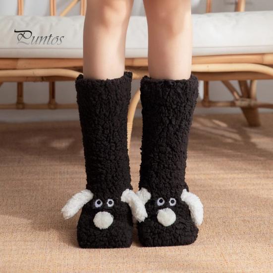 1 Pair Adult Winter Floor Socks Cartoon Dog Design Thickened Plush Double Warmth Anti-slip Long Socks Holiday Gift