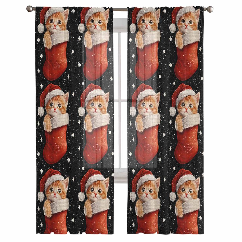 Christmas Winter Christmas Socks Curtains For Living Room Bedroom Home Decoration Window Voile Tulle Curtain Drapes