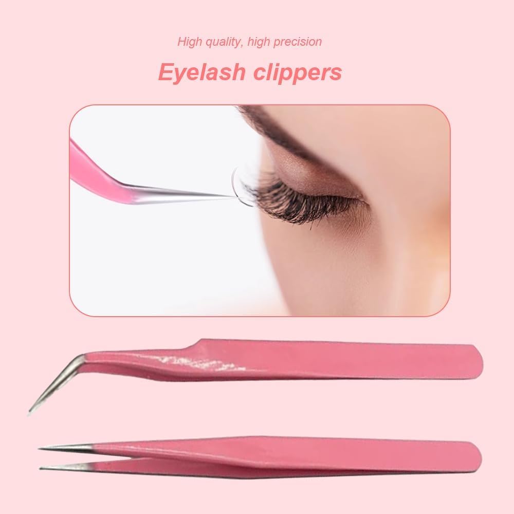 Professional Stainless Steel Eyelash Extension Tweezers Set, Pink Color, 2 Piece Precision Beauty Tools with Straight and Curved Tips, 4.76 Inch and