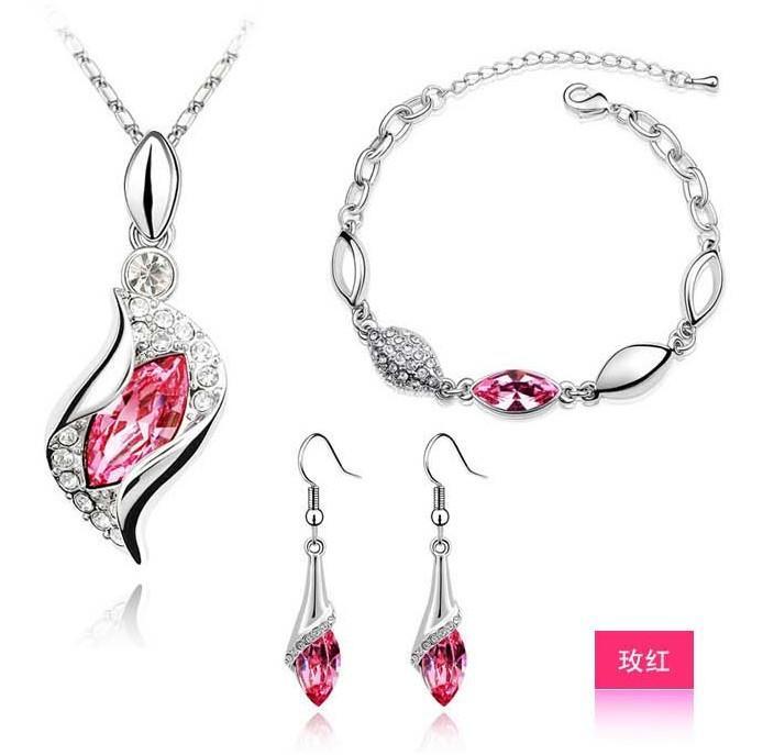 LUXY MOON Women Crystal Pendant Alloyed Chain Necklace Stud Earring Jewelry Set