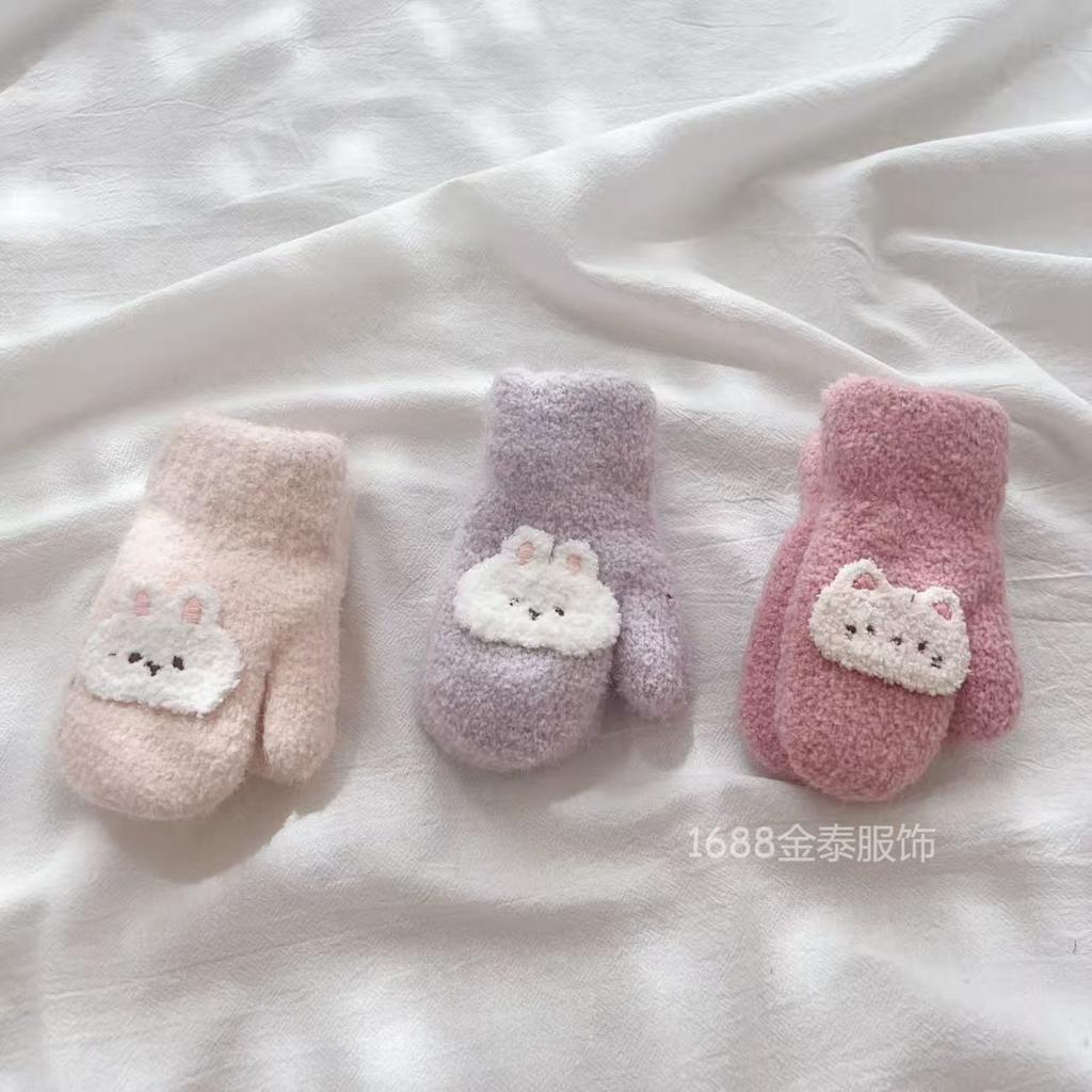 2-6 years old, Korean blogger, children's baby gloves, winter velvet warm bunny bear children's neck bag finger batch