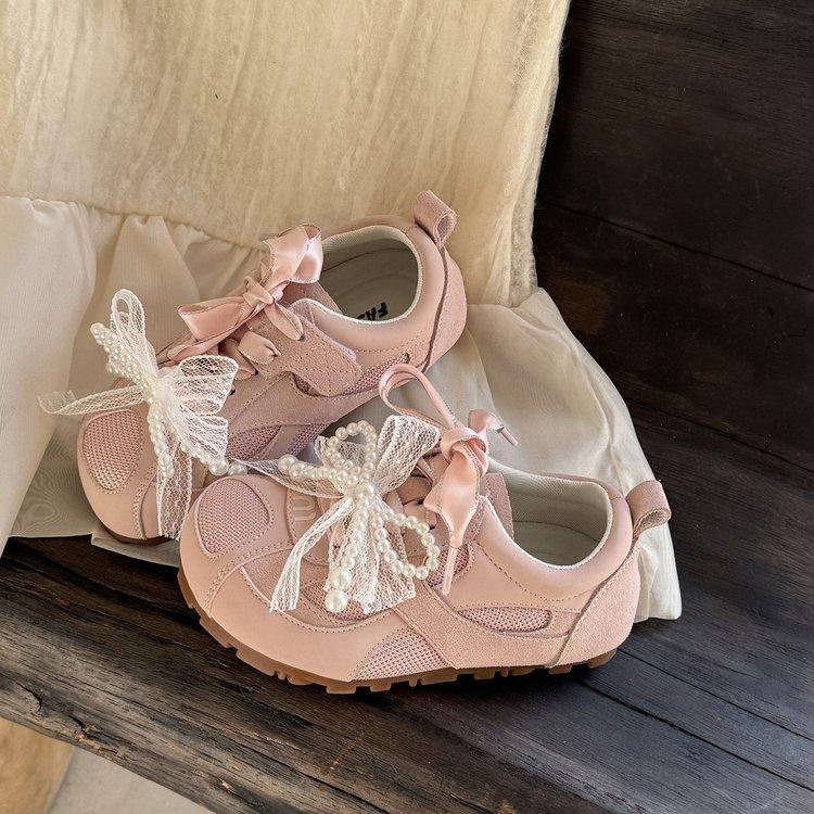 

Girls pearl bow sneakers 2025 spring and summer new children s breathable princess board shoes baby German training shoes tide 36