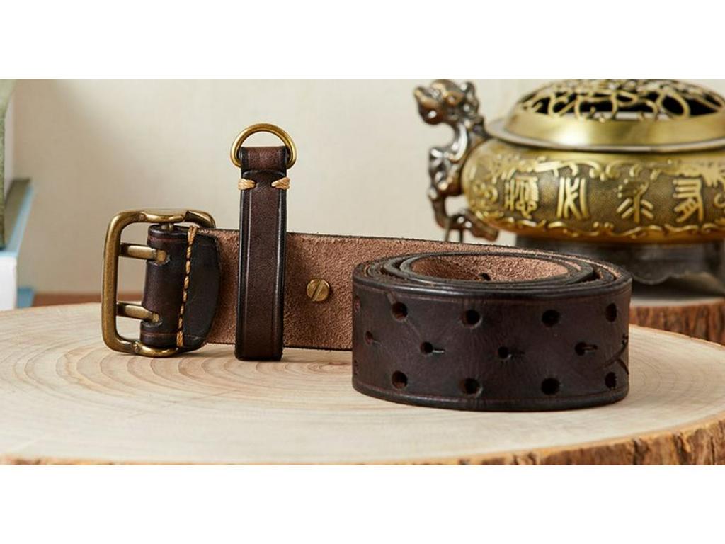 Korean Style Double Pin Buckle Leather Belt for Men - Genuine Cowhide Retro Youth Jeans Waist Belt