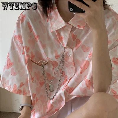 Turn-down Collar Short Sleeve Blouses Office Lady Shirts Elegant Heats Pattern Print Spring Casual Button Vintage T-Shirt