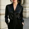 Damen V-Ausschnitt Langarmbluse Mit Krawatten-Detail Unifarben Bürohemd Elegantes Business Casual Oberteil
