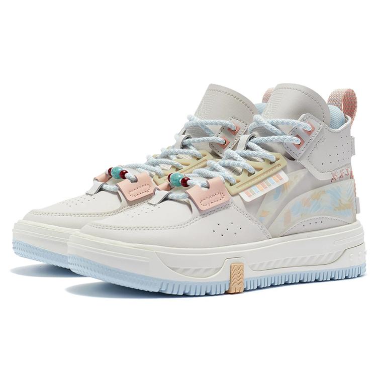 New LiNing Anti Slip And Wear Resistant Height Increasing Mid Top Skateboard Shoes Women's White Sand Gray AGCR430-4
