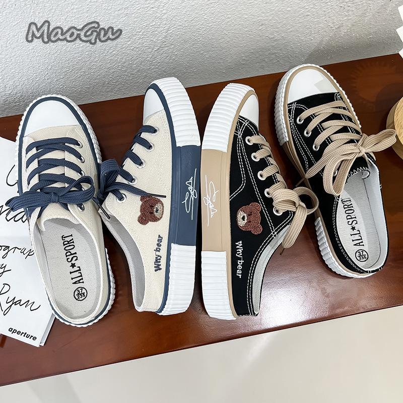 Fashion Spring Summer Slip-On Women Canvas Bear Casual Slippers Lace Up Ladies Vulcanized ShoesWomen's Outwear Sneakers Flat with Size40