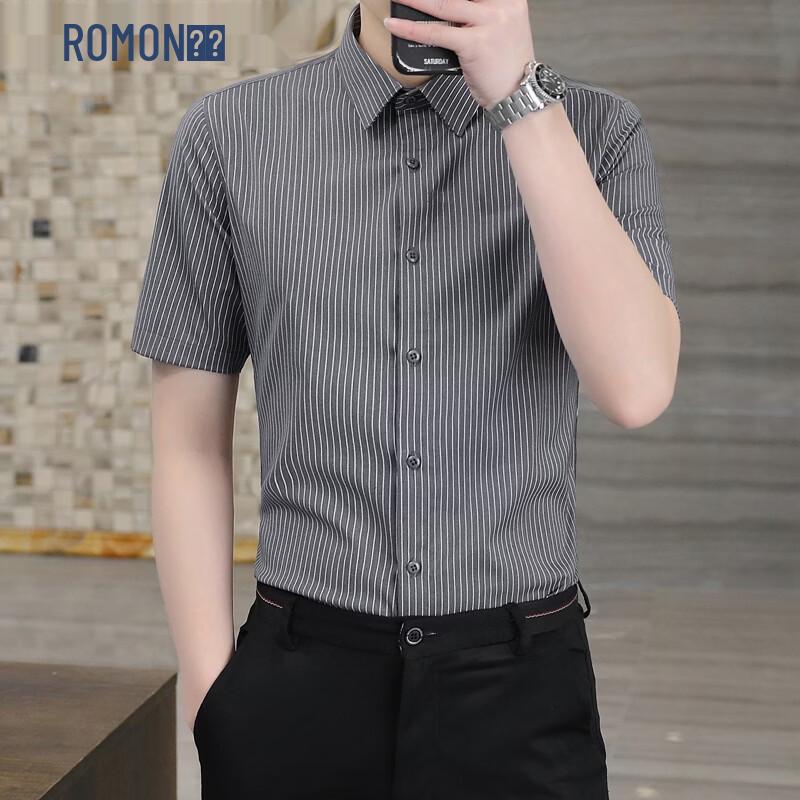 

ROMON Men s Bamboo Fiber Fine Stripe Short Sleeve Business Shirt 4XL