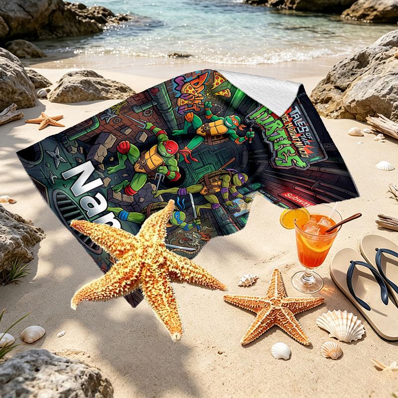 Custom Name Personalized Teenage Ninja Turtles Print Beach Towel, for Trip Camping Beach Party Home Decor, Birthday Gift for Family & Friends