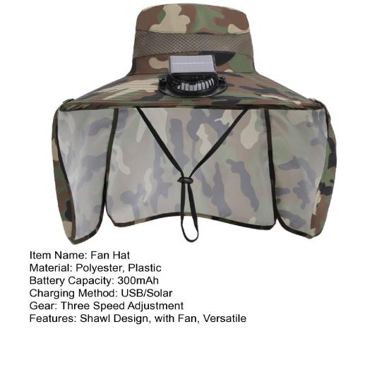 Camouflage Print Sun Hat Wide-Brimmed Shawl Fishing Hat with Dual-Power Fan Design 3 Gear Adjustable UV-Protection Outdoor Hat