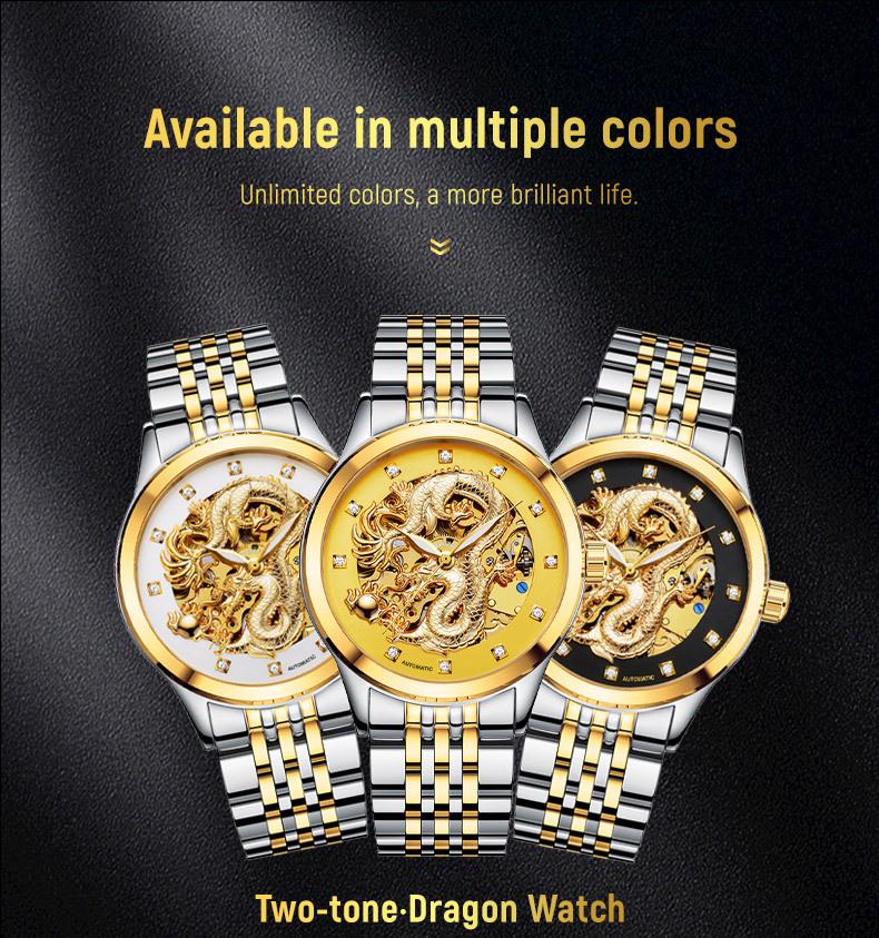 NARY Gold Dragon Waterproof Stainless Steel Skeleton Automatic Watch 18028.