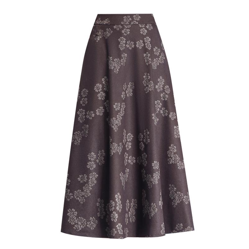 2025 Spring A-Line Skirt: Wool Front, Lace Back, Half-Elastic Waist, Long Skirt.