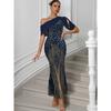 Womens One Shoulder Sequined Geometric Print Mermaid Evening Dress