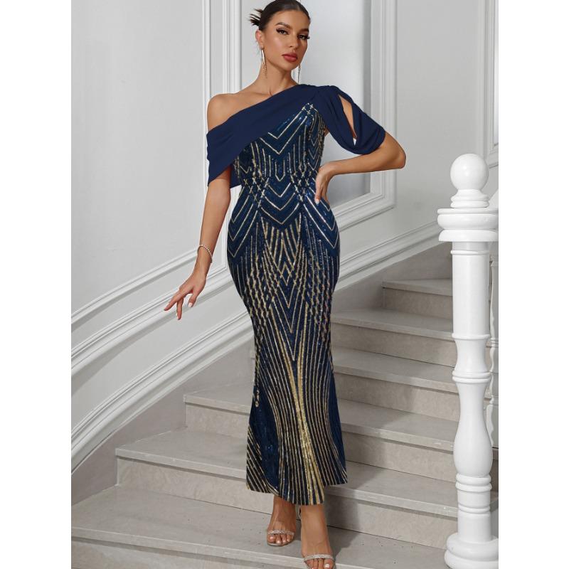 Womens One Shoulder Sequined Geometric Print Mermaid Evening Dress