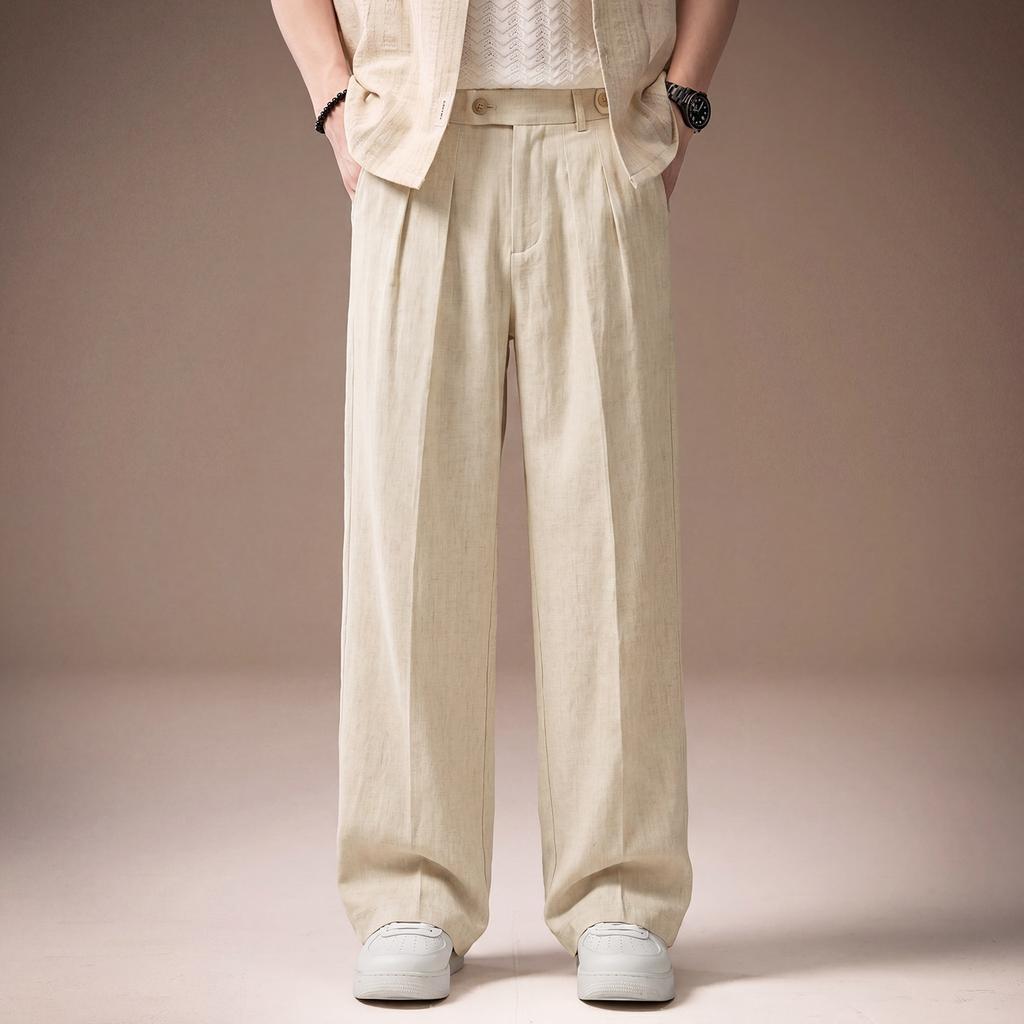 High-end American Old Money Style Linen Drape Pleated Trousers Men's Summer Thin Loose Casual Straight Casual Trousers