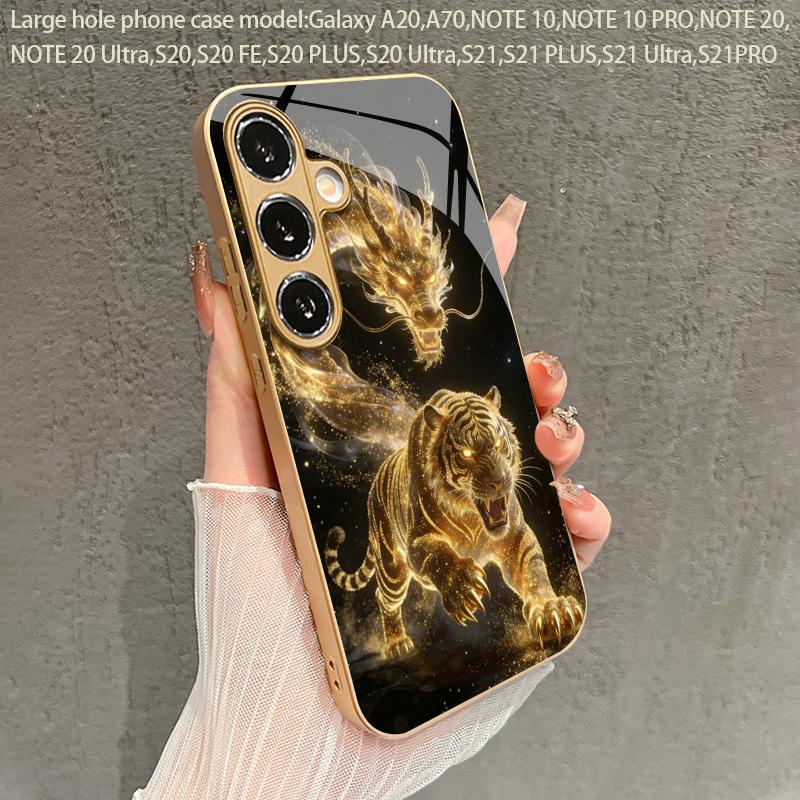 Dragon Tiger Leaping Pattern 2D Phone Case for Samsung S26 S25 S24 S23 S22 S21 S20 A56 A55 A36 16 Gold Glass Protective Cover