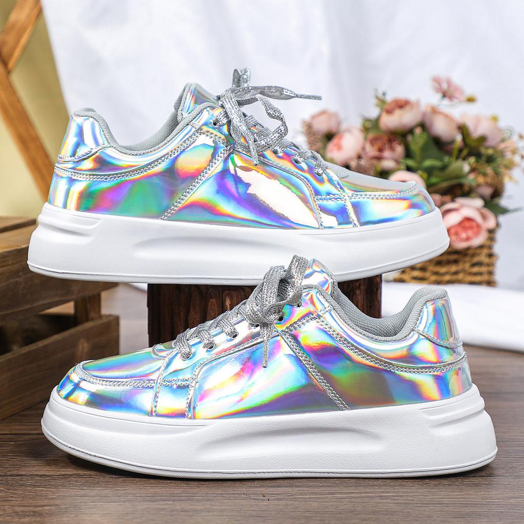 high-end Sequins Silver Leather Sneakers Flat Non-slip Casual Shoes Women 2026 Ladies Sports Comfortable Walking Shoes Outdoors