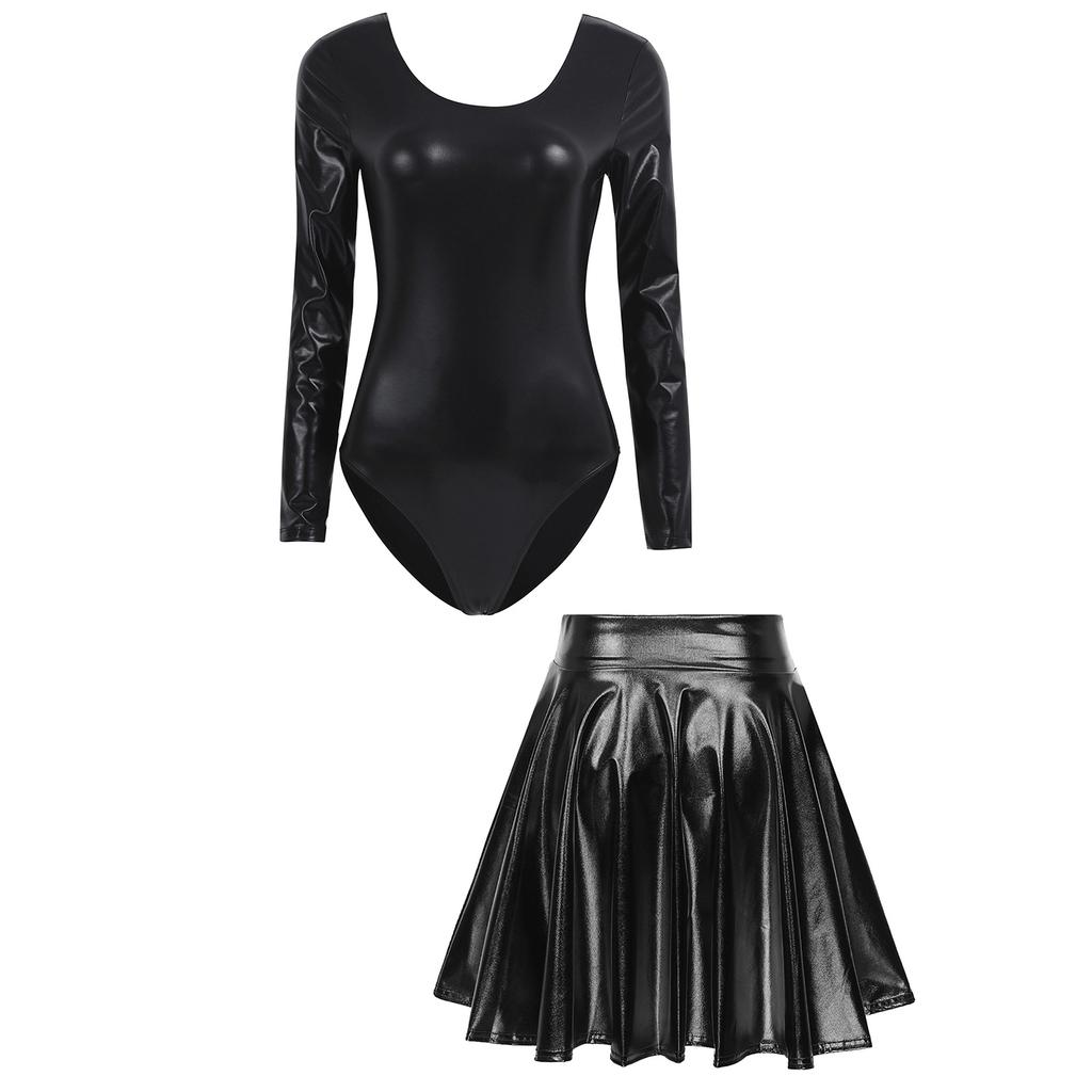 Womens Shiny Metallic Party Outfit Long Sleeve Round Neck Leotard with Flare Skirt