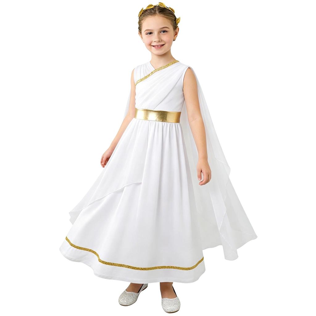 Girls Halloween Ancient Greek Costume Sleeveless Shawl Patchwork Flowy Tulle Dress Head Wreath Headwear