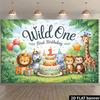 2D Jungle Wild One 1st Birthday Backdrop - Lion Tiger & Elephant Banner for Baby First Birthday Photoshoot