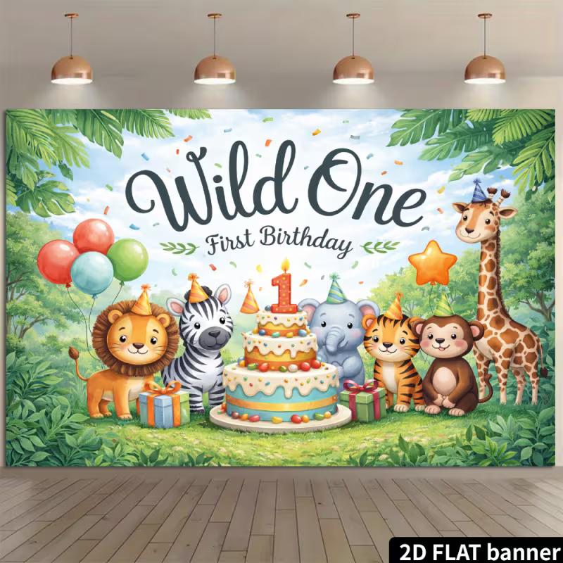 2D Jungle Wild One 1st Birthday Backdrop - Lion Tiger & Elephant Banner for Baby First Birthday Photoshoot