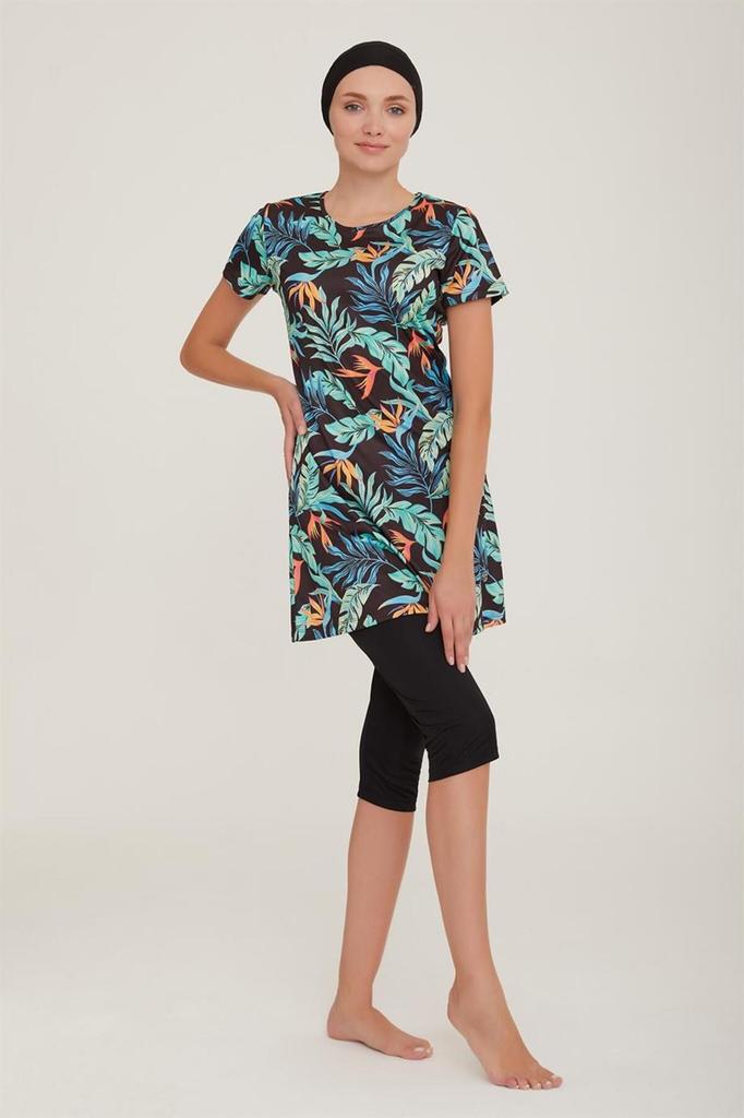 Damski strój kąpielowy plus size z krótkim rękawem, czarne legginsy, strój kąpielowy hidżab