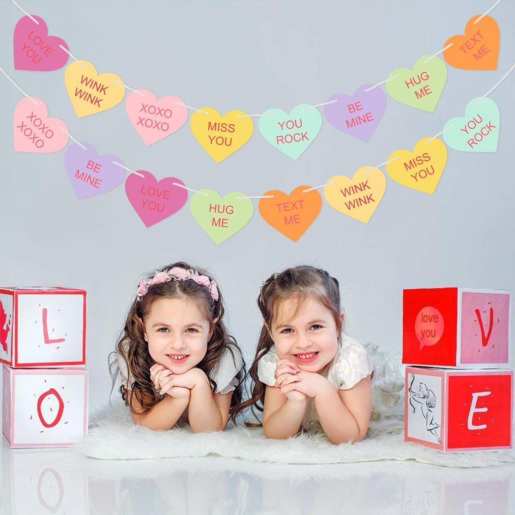 Valentines Conversation Hearts Candy Banner No DIY Valentines Day Heart Garland with 16Pcs Heart, 2Pack Pre-Strung Valentines Garland Heart Banner