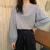 Women T-shirt Round Neck Lantern Long Sleeve Elastic Cuffs Tee Shirt Solid Color Loose Fit Pullover Tops Daily Wear