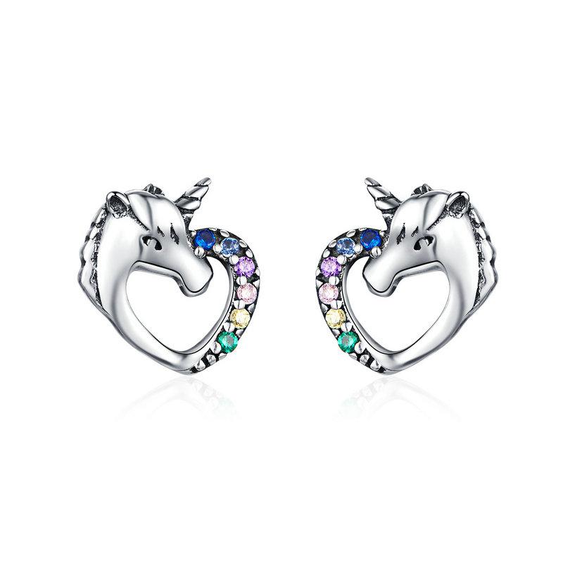 WOSTU 925 Sterling Silver Colorful Heart Stud Earrings Rainbow Unicorn Lightning Earrings For Women Fashion Silver Jewelry