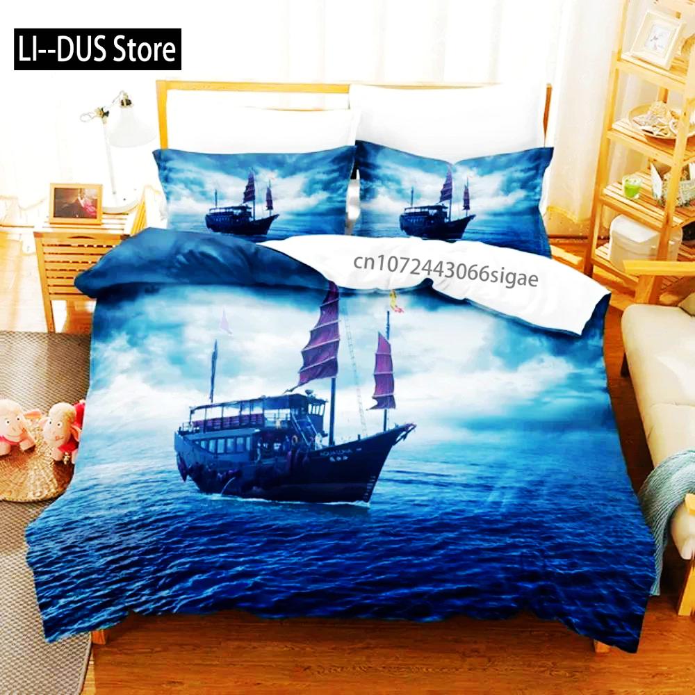 SailBoat Sea Bedding Set Ocean Sunset Scenery Duvet Cover Pillowcases Twin Full Queen King Size For Boys Adult Gift Bed Linen EU Single(135*200cm)3pcs