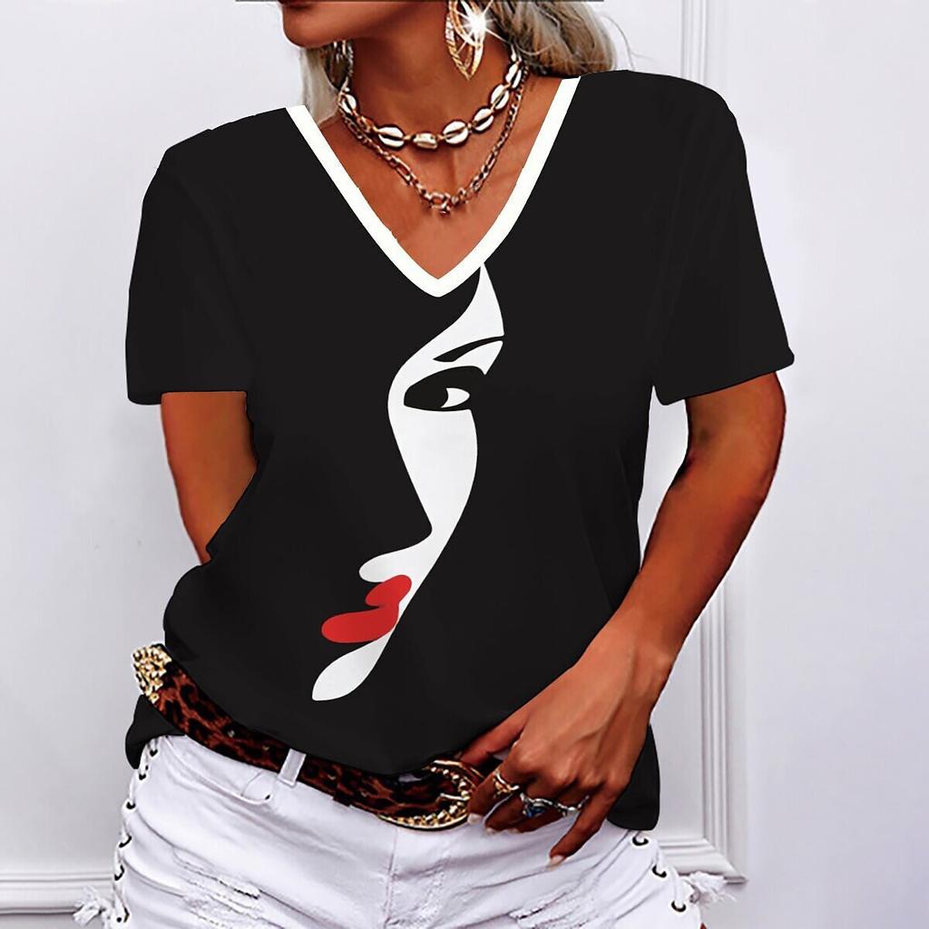 Summer V-neck Face Graphic 3D Printed Top Fashionable Casual Short Sleeved Women's T-shirts