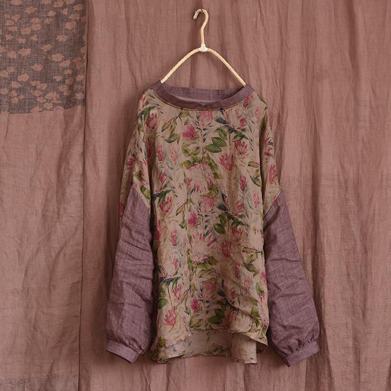 

Johnature женские винтажные лоскутные футболки с цветочным принтом, топы, весенняя женская одежда, футболки в китайском стиле, футболки One Size света кофе