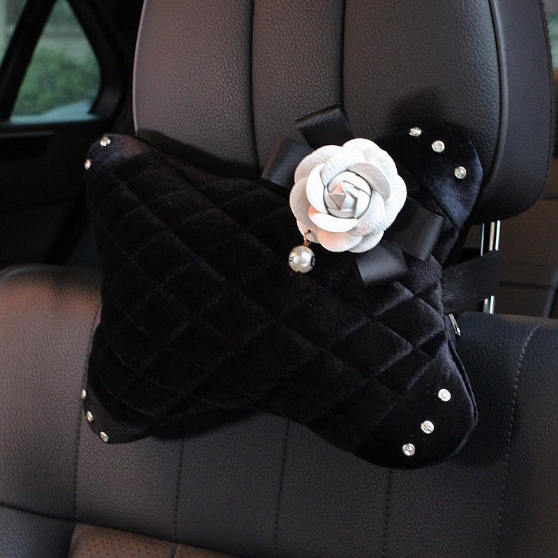Fashion Soft Plush Crystal Car Neck Headrest Pillow Pearl Camellia Flower Auto Seat Neck Pillow Velvet Head Support Accessory