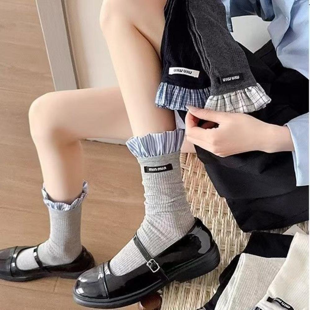 

Lace-up Mid-tube Socks Breatheable Plaid Lace Socks Fashion Women s Socks Summer темно-синього кольору
