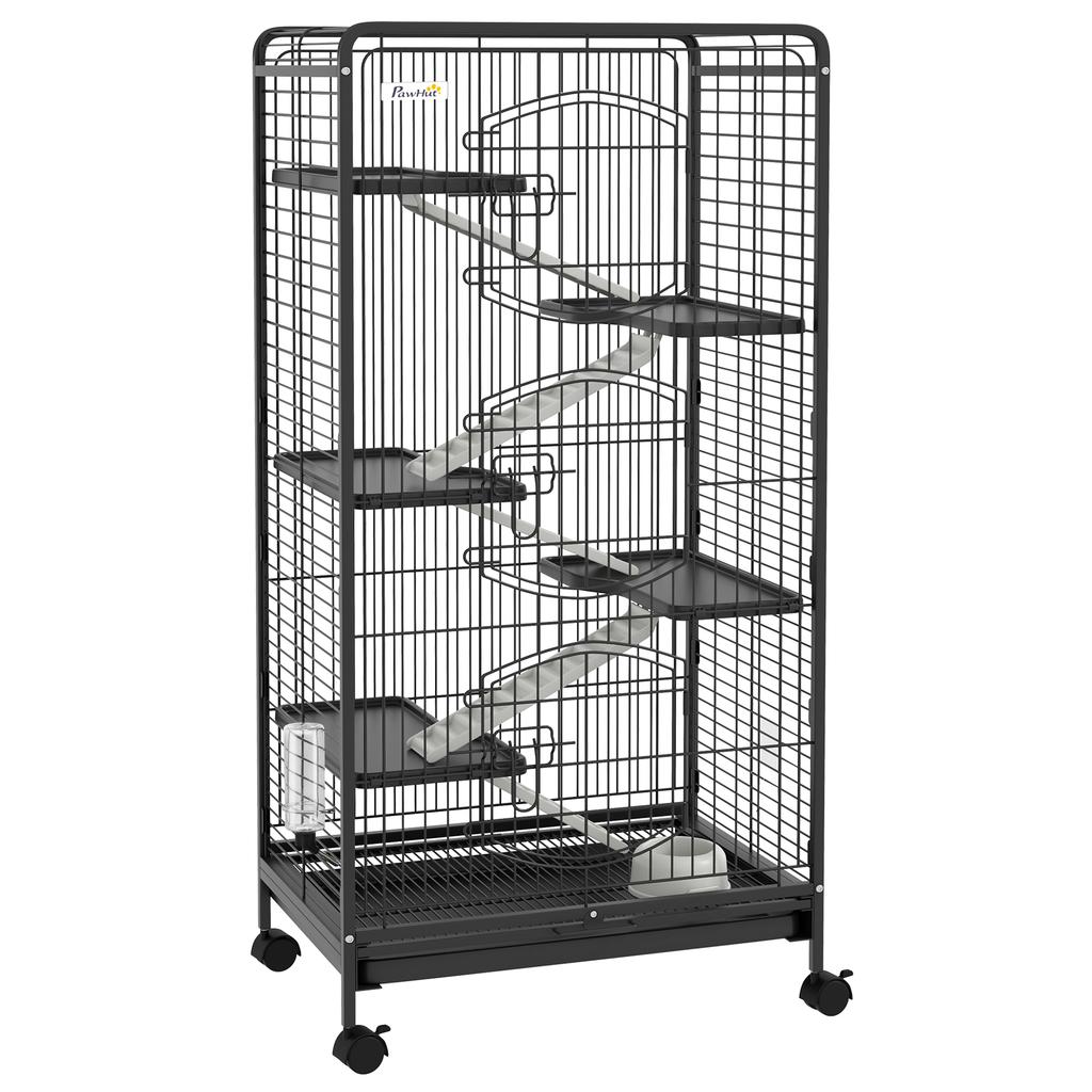 6-Level Rodent Cage with Wheels, Platforms, Removable Tray, Feeder and Waterer, 61.5x44x131 cm, Black