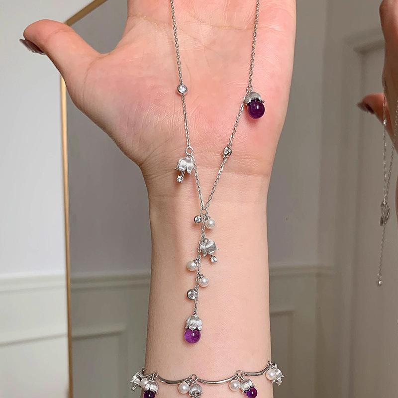 Exquis cristal violet muguet pompon brossé chaîne en Y colliers longs accessoire perle onirique cadeaux