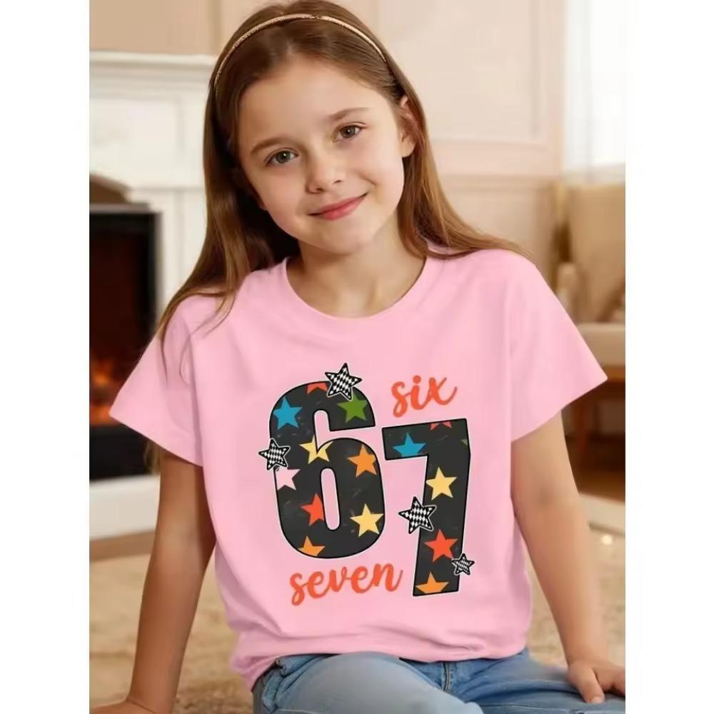 Short-sleeved T-shirt Fashion Summer Girl Kids Comfortable Round Neck T-shirt Cute Children's Birthday Gift Pink