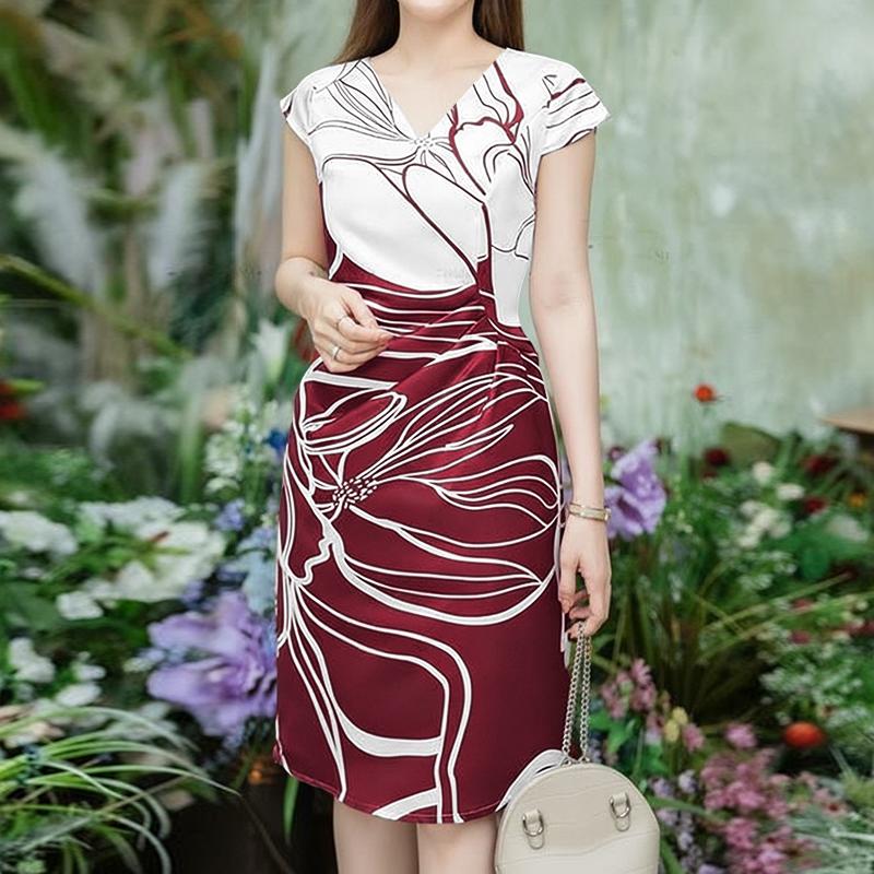 

ZANZEA Women Elegant Round Neck Casual Short Sleeve Print Sheath Dress S вино красного