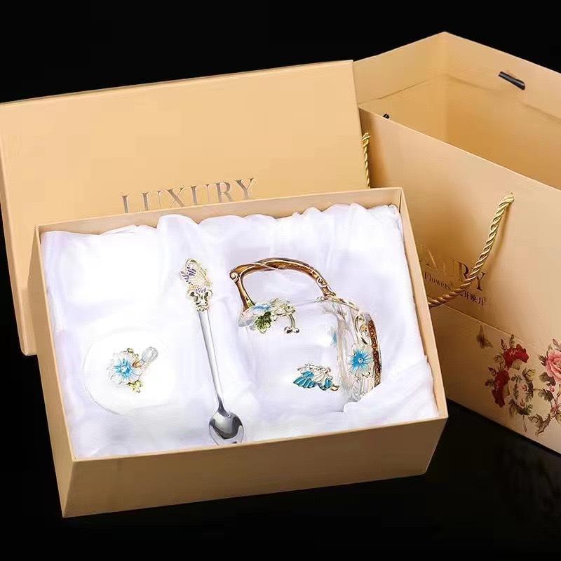 Heat-Resistant Enamel Flower Tea Cup, Creative Painted Crystal Glass Coffee Cup with Handle