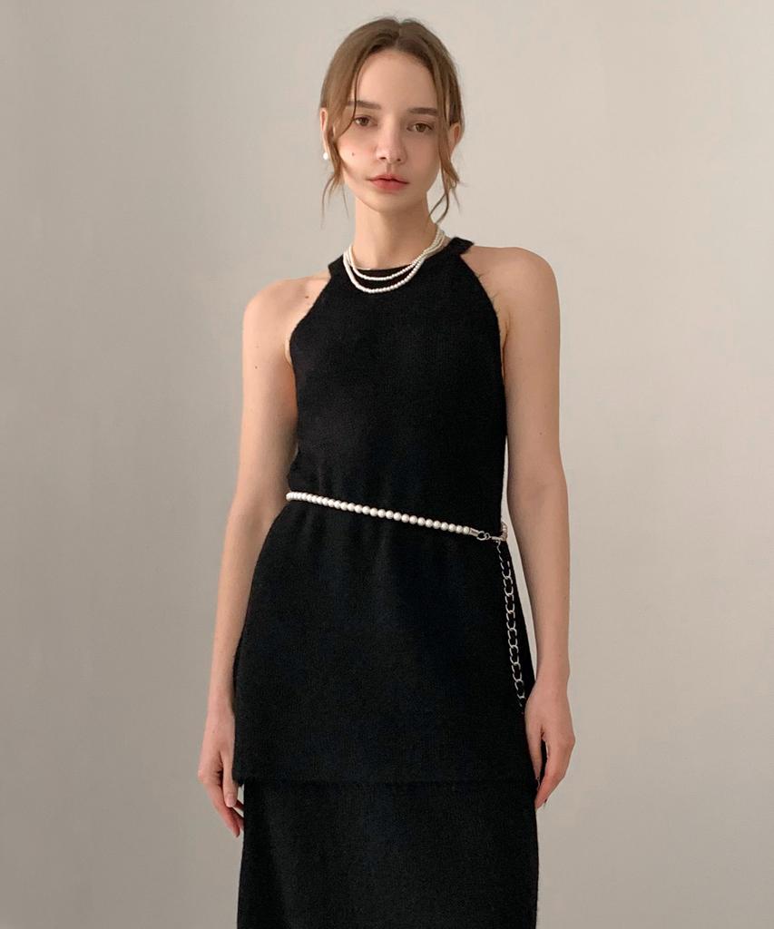 Baseukala [Set] Halterneck Long Knit Top+Skirt Set-Up Black