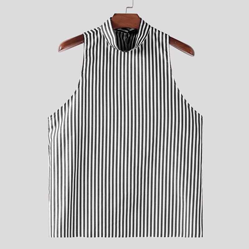 

INCERUN Мужские майки без рукавов с высоким воротом, полосатым принтом и неровной спинкой, повседневные, свободные, тонкие S чёрный